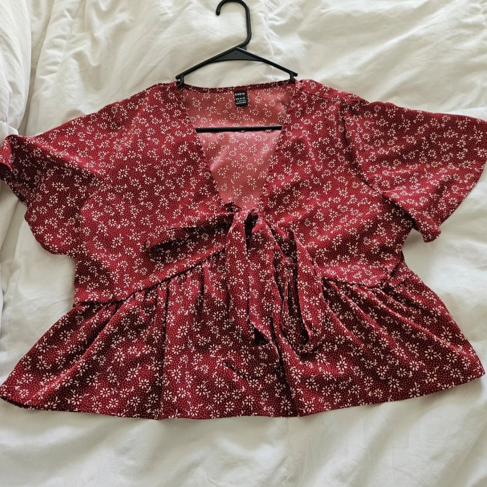 SHEIN Red Flutter Sleeve Blouse with Tie Front